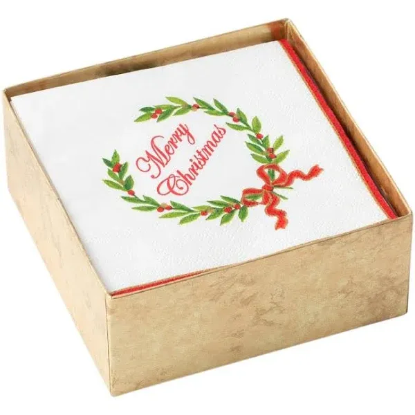 Merry Christmas Laurel Wreath Boxed Paper Cocktail Napkins - 40 Per Box