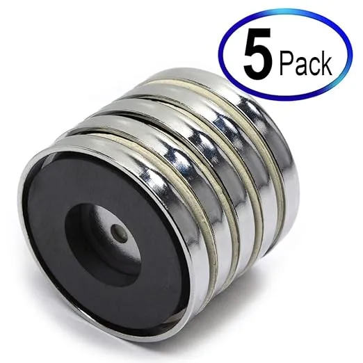 CMS MAGNETICS - 5-Pack RB50 C8 Ceramic Ferrite Round Base Magnet with Anti-Corrosion Chrome Plated Steel Cup and 35 LB Pull Force - Cup Diameter: 51.6mm, Center Hole: 4.8mm, Thickness: 7.5mm