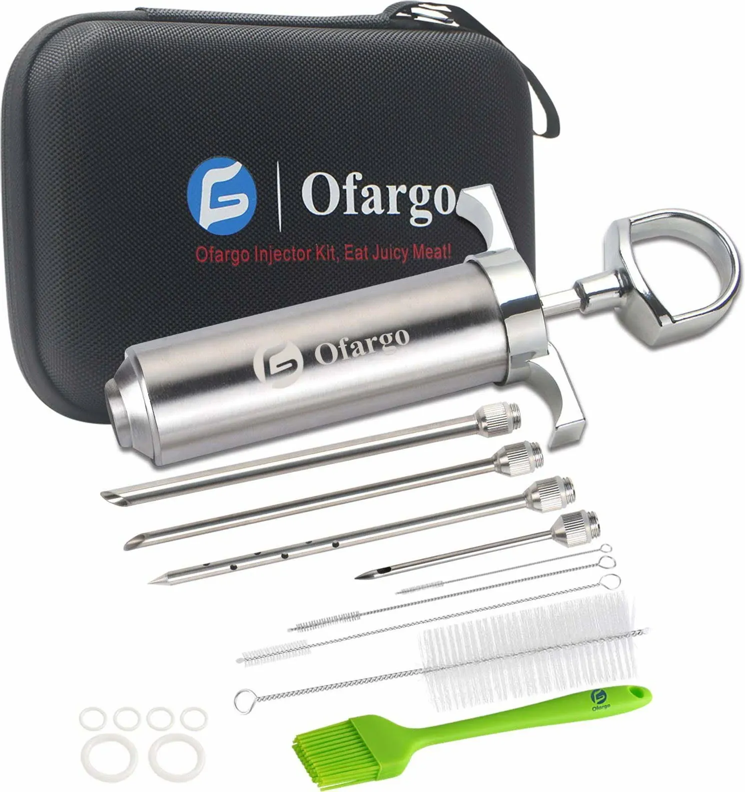 Ofargo 304-Stainless Steel Meat Injector Syringe with 4 Marinade Needles and Travel Case for BBQ Grill Smoker, 2-oz Large Capacity, Both Paper User Manual and E-Book Recipe