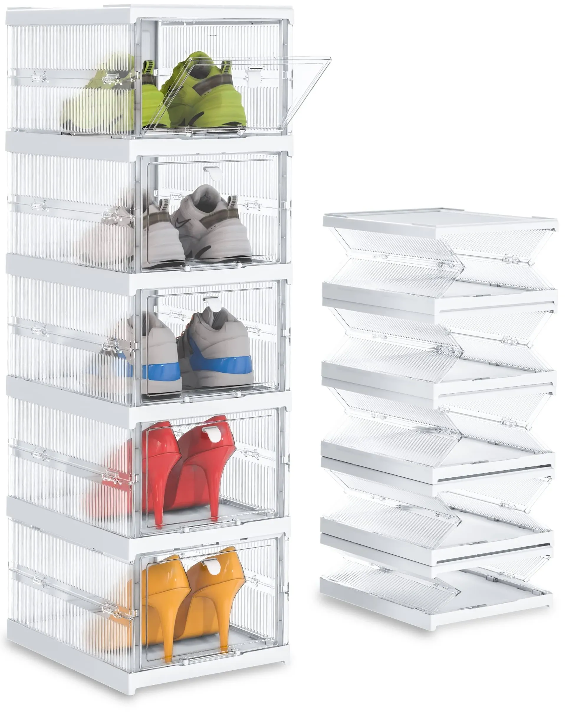 Solid Plastic Not Flimsy 5 Layers Foldable Shoe Storage Boxes 5 Tier, White 