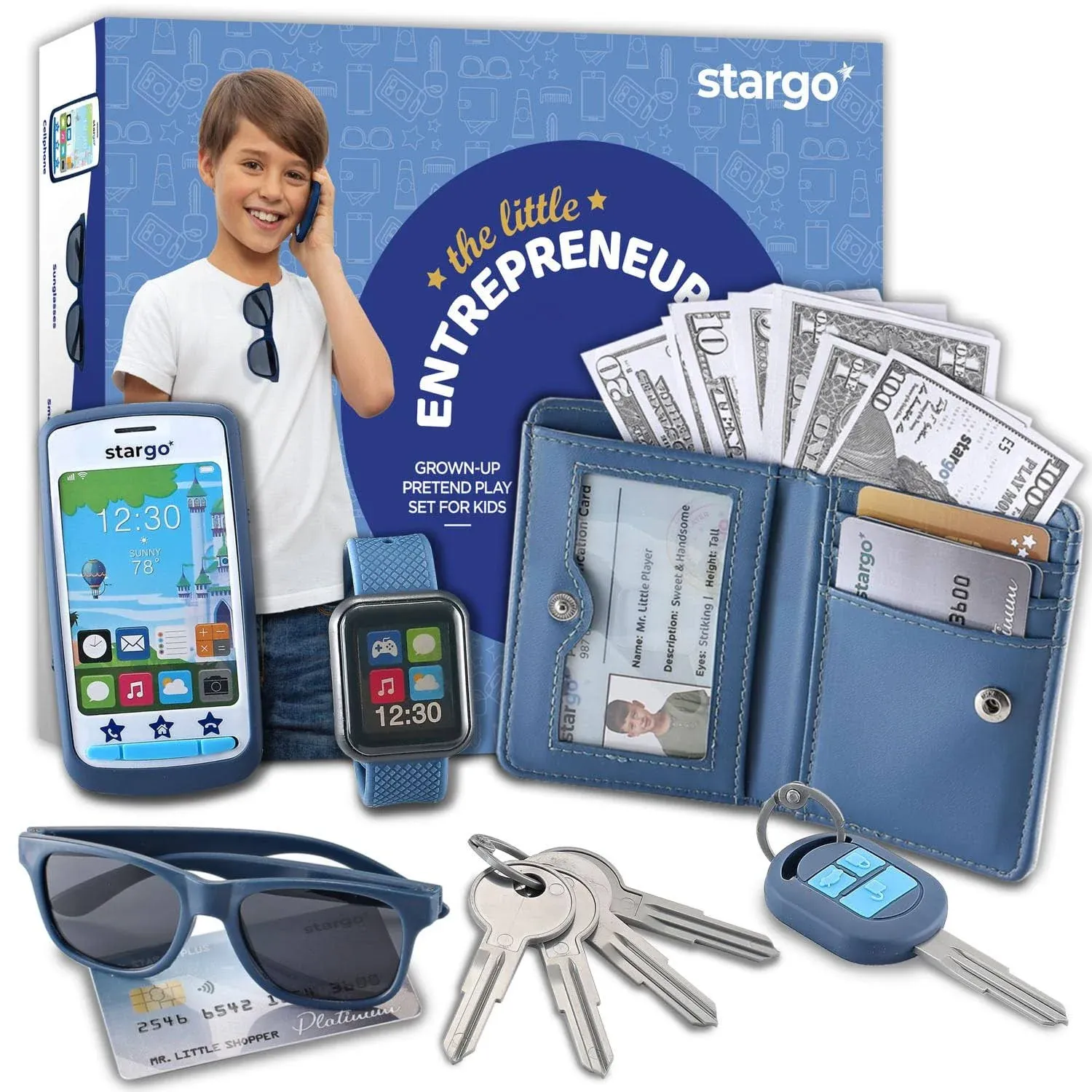 Stargo Play Wallet for Boys with Money and Pretend Play Toys, Cellphone, Smartwatch, Keys, Sunglasses, Toddler Wallet for Kids Ages 3 4 5 6 7 8 9 10 11 12 - Grown Up Pretend Play Set for Kids