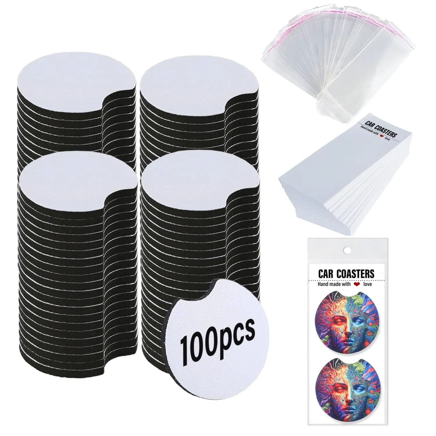 100 PCS Sublimation Blank Car Coasters with Car Coaster Packaging, 2.75 in 