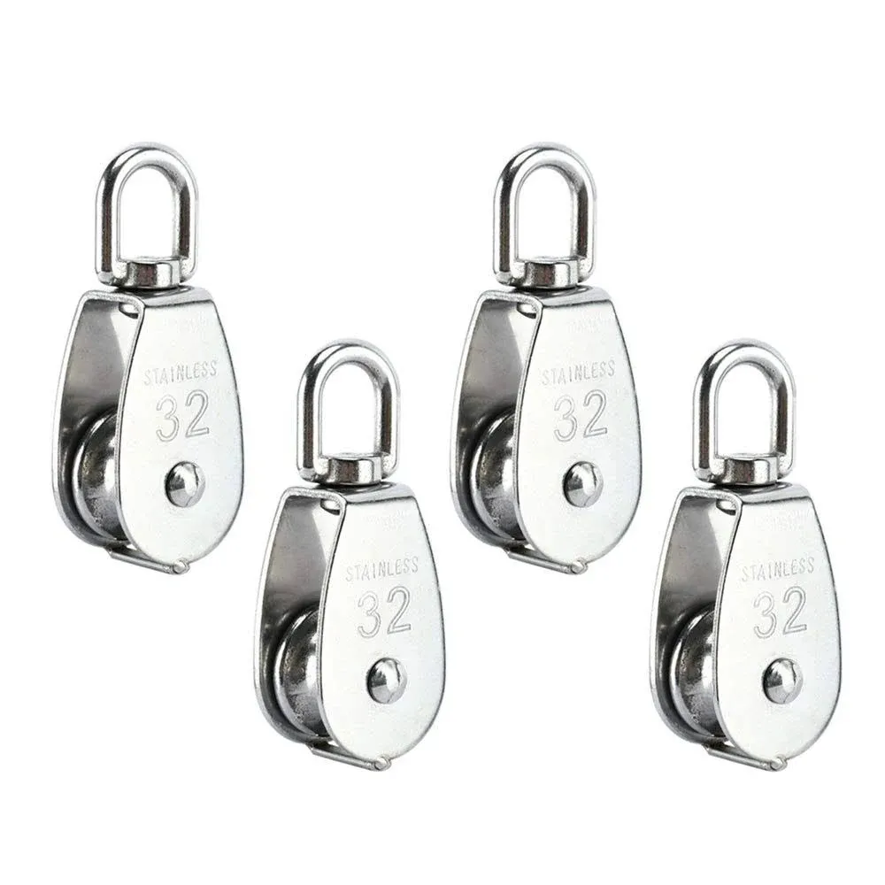 4 Pack M32 Lifting Single Pulley Stainless Steel Crane Swivel Hook Pulley Roller