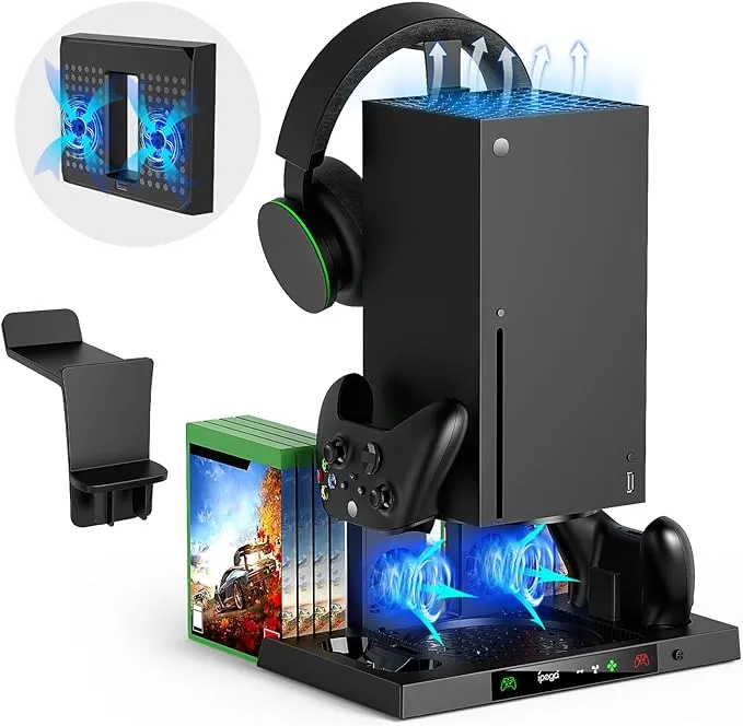 FYOUNG Upgraded Vertical Cooling Stand for Xbox Series X with Controller Charger Station Dock, Dual Suction Cooler Fan System Stand Accessories with 8 Game Storage Organizer, Headset Hanger