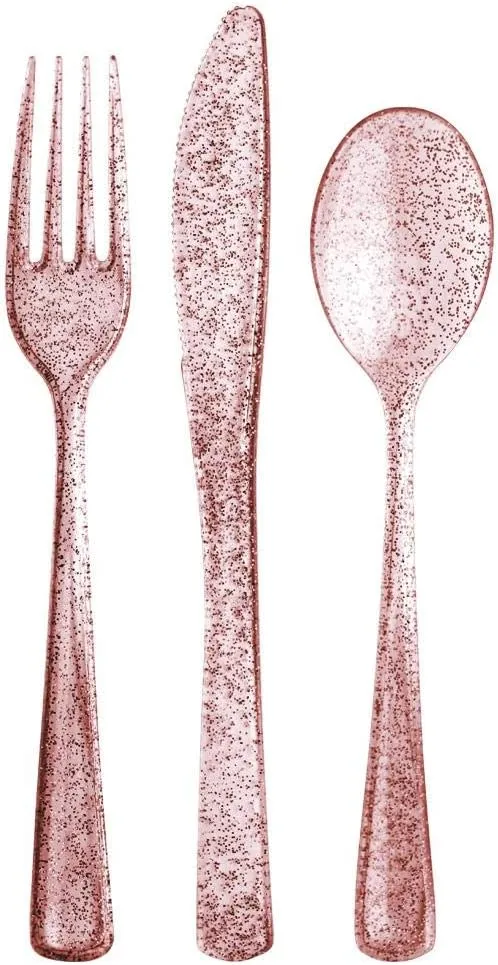 Lillian Collection Plastic Cutlery Combo Box | Rose Gold Glitter | Pack of 48