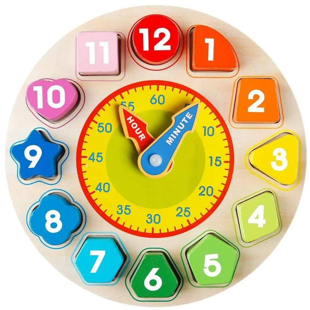 Skrtuan Wooden Shape Color Sorting Clock- Teaching Time Number Blocks Clock Shape ...