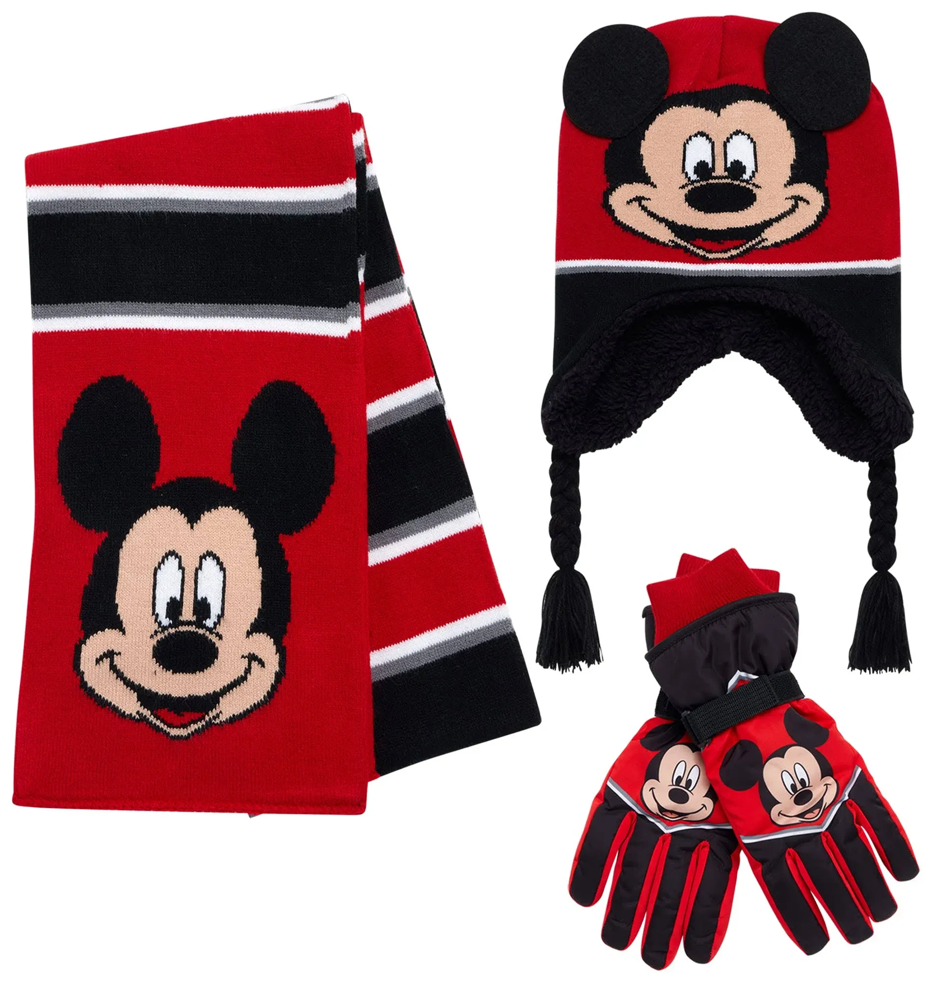 Disney Mickey Mouse 3 Piece Beanie, Ski Gloves/Mittens &amp; Scarf Set, Boys Age 2-7