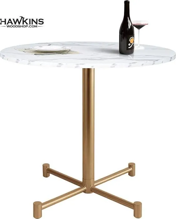 31.5" round Dining Table with White Faux Marble Wood Top and Golden Metal Legs ...