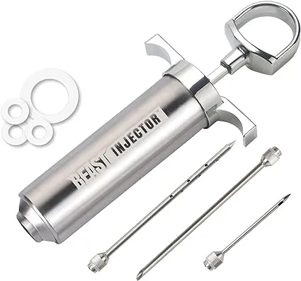 Grill Beast - 304 Stainless Steel Meat Injector Kit with 2-oz Large Capacity Barrel and 3 Professional Marinade Needles