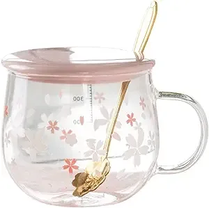 Sakura Cup, Creative Sakura Mug, Cute Heat-resistant , Transparent , Borosilicate Glass Coffee Cup,Gift( Color : Pink A , Size : 400ML )