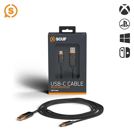 SCUF Braided USB-C Cable 6 Feet / 2 Meters USB Type C Connection and Charging for Xbox Controllers, PS5 Controllers, and Smart Phones - Black