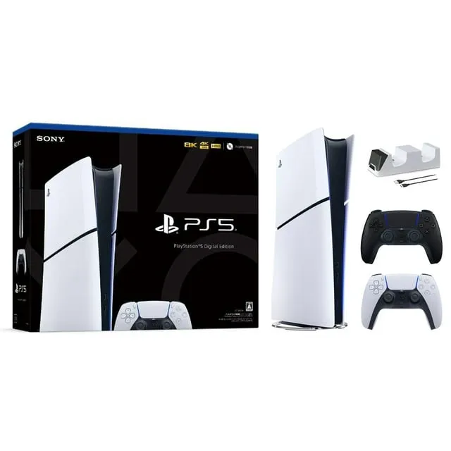 PlayStation 5 Digital Edition with Two Controllers White and Midnight Black DualSense and Mytrix Dual Controller Charger - PS5 Gaming Console