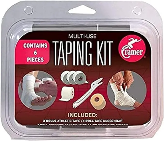 Cramer Taping Kit, Athletic Tape Kit & Supplies for Coaches & Athletic Trainers, 3 Rolls Cramer 950 Tape, 1 Roll Tape Underwrap, 1 Roll Cohesive Self-Stick Tape, 1 Tape Cutter for Removal