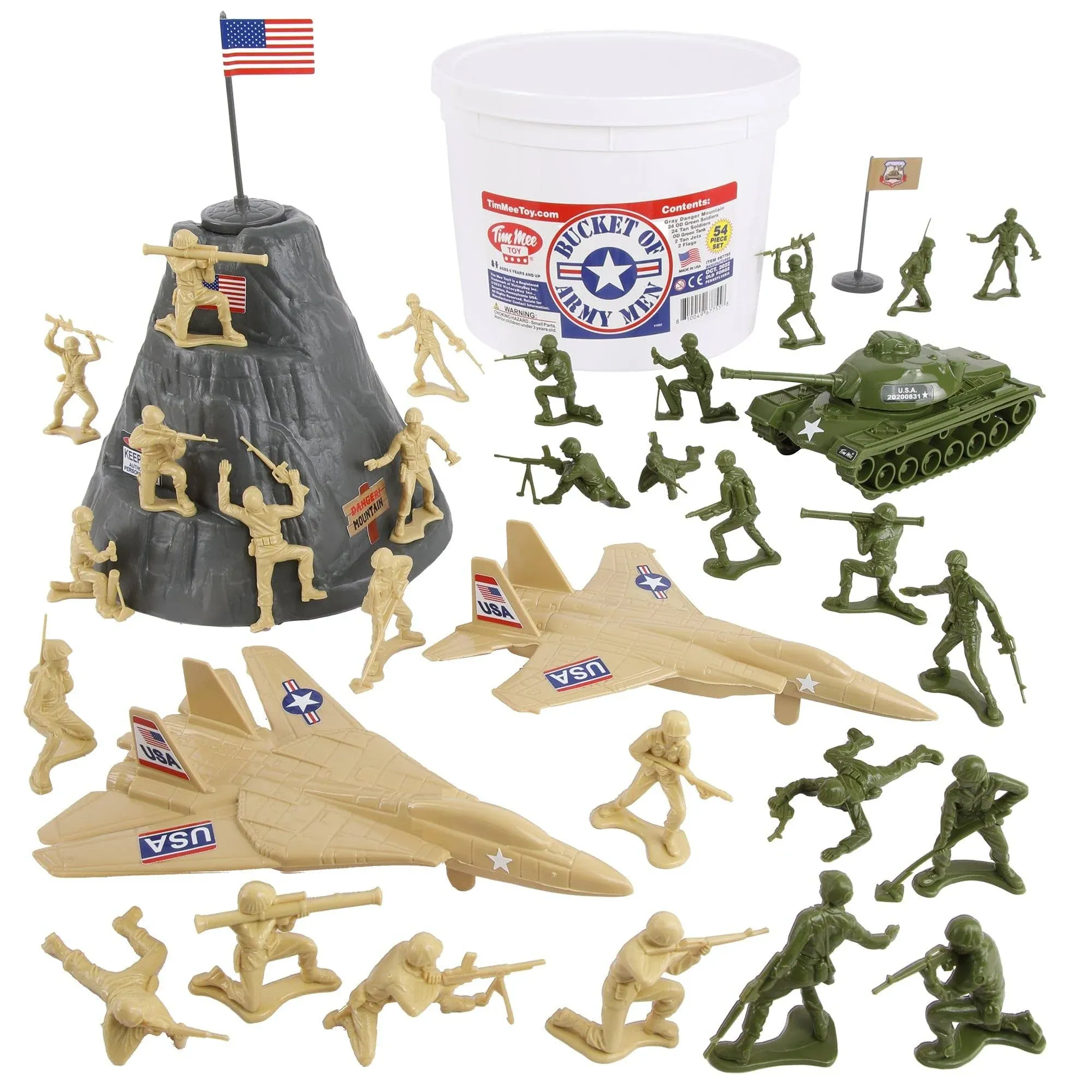 TimMee Bucket of Army Men - Tan vs. OD Green 54pc Soldier Playset - Made in USA