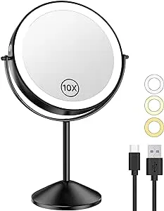 Gospire 8 Inch Lighted Makeup Mirror, 3 Color Lights & Stepless Dimming LED Vanity Mirror, 1X/10X Double Sided Magnifying Rechargeable Cosmetic Mirror, 360° Free Rotation Cordless Standing Mirror