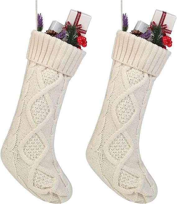 Free Yoka Cable Knit Christmas Stockings Kits Solid Color White Ivory Classic Decorations 18", Set of 2