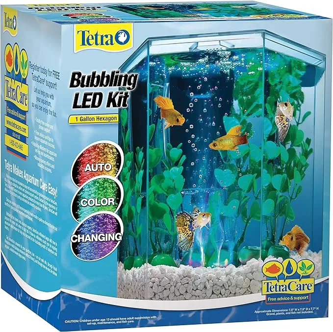 Tetra Bubbling LED Aquarium Kit 1 Gallon, Hexagon Shape, with Color-Changing Light Disc, Acrylic