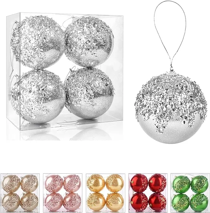 4" Christmas Ball Ornaments, 4pc Set Silver Shatterproof Christmas Decorations Tree Balls for Xmas Trees Wedding Party Holiday Decorations