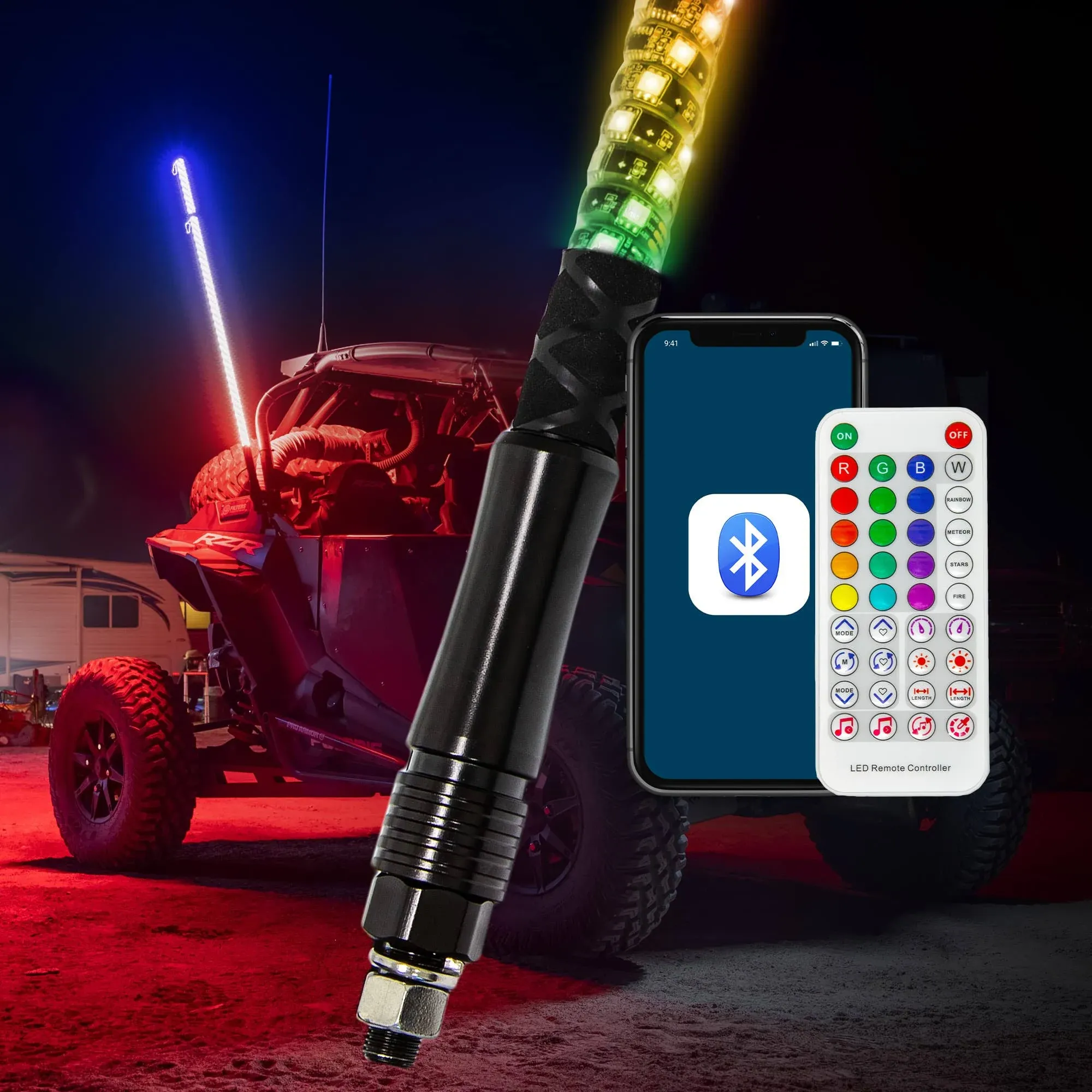 True Mods 2pc 3ft Spiral RGB LED Whip Flag Light for UTV ATV [Bluetooth App] Dancing Waterproof LED Lighted Whip Antenna Pole Stick for RZR Can-Am Polaris SxS 4x4 Quad Dune Buggy 4 Wheeler Accessories