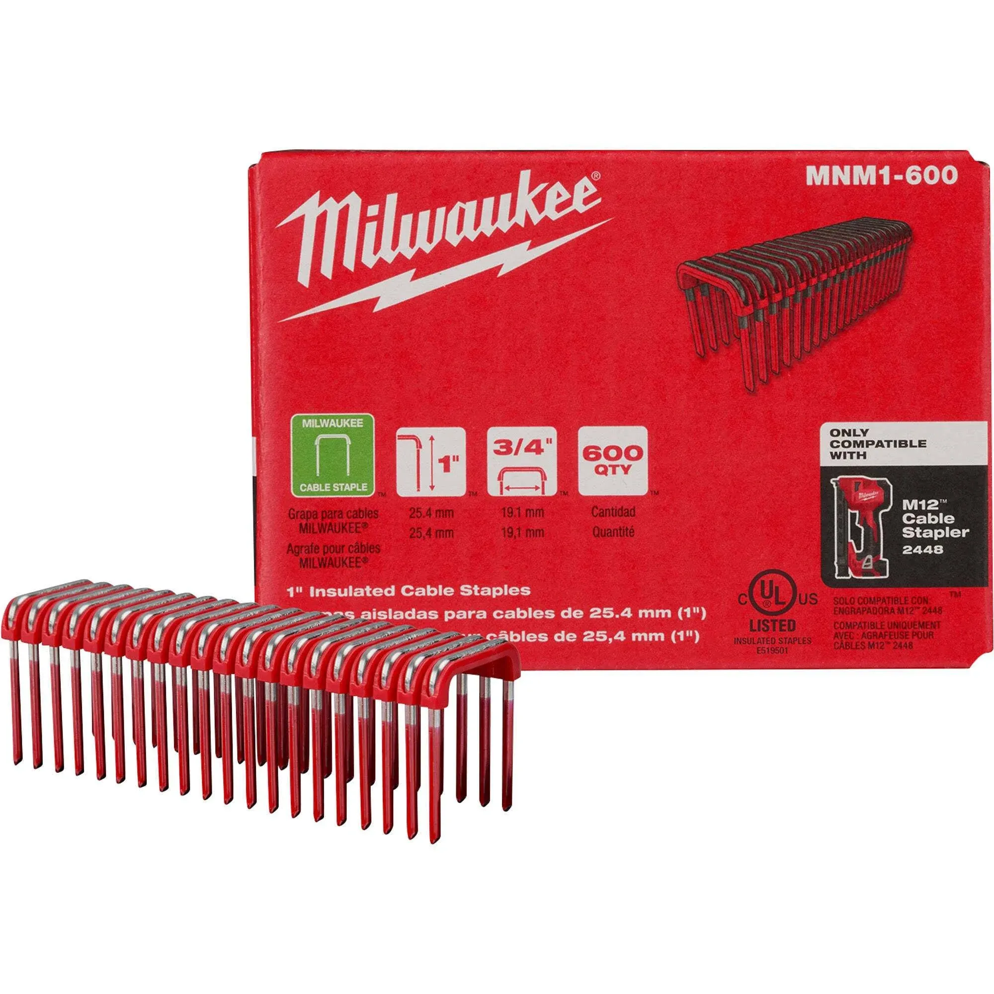 Milwaukee 1in. Insulated Cable Staples, 1 Box of 600 Staples, Model# MNM1-600