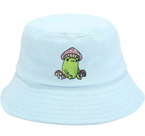 Embroidered Frog with Mushroom Bucket Hat for Women Men