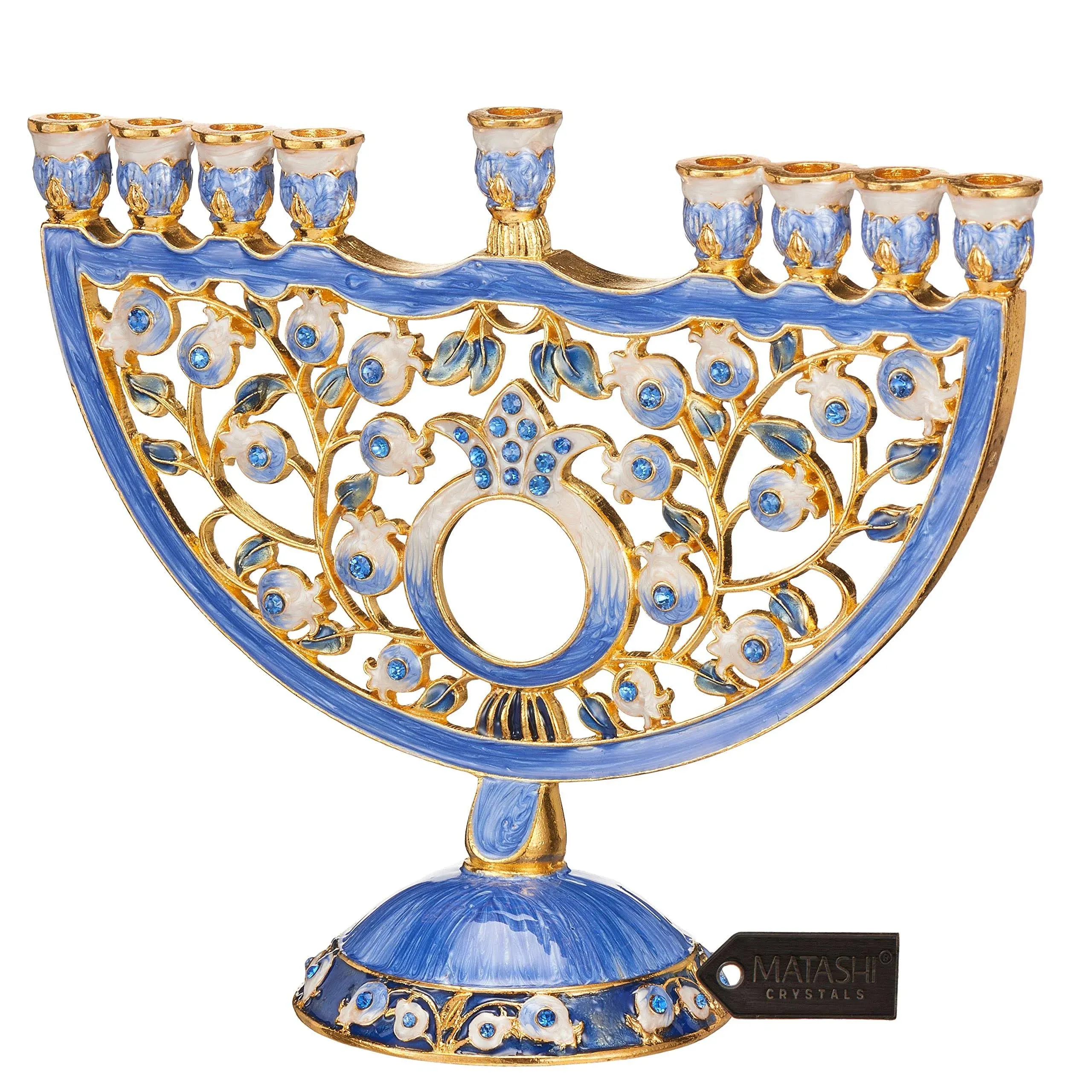 Matashi Hand Painted Blue Enamel Pomegranate Design Menorah Candelabra Embellish