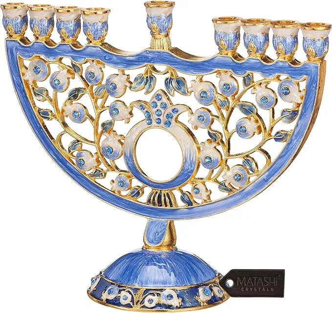 Matashi Hand Painted Blue Enamel Pomegranate Design Menorah Candelabra