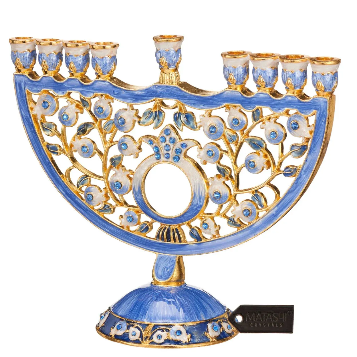 Matashi Hand Painted Blue Enamel Pomegranate Design Menorah Candelabra