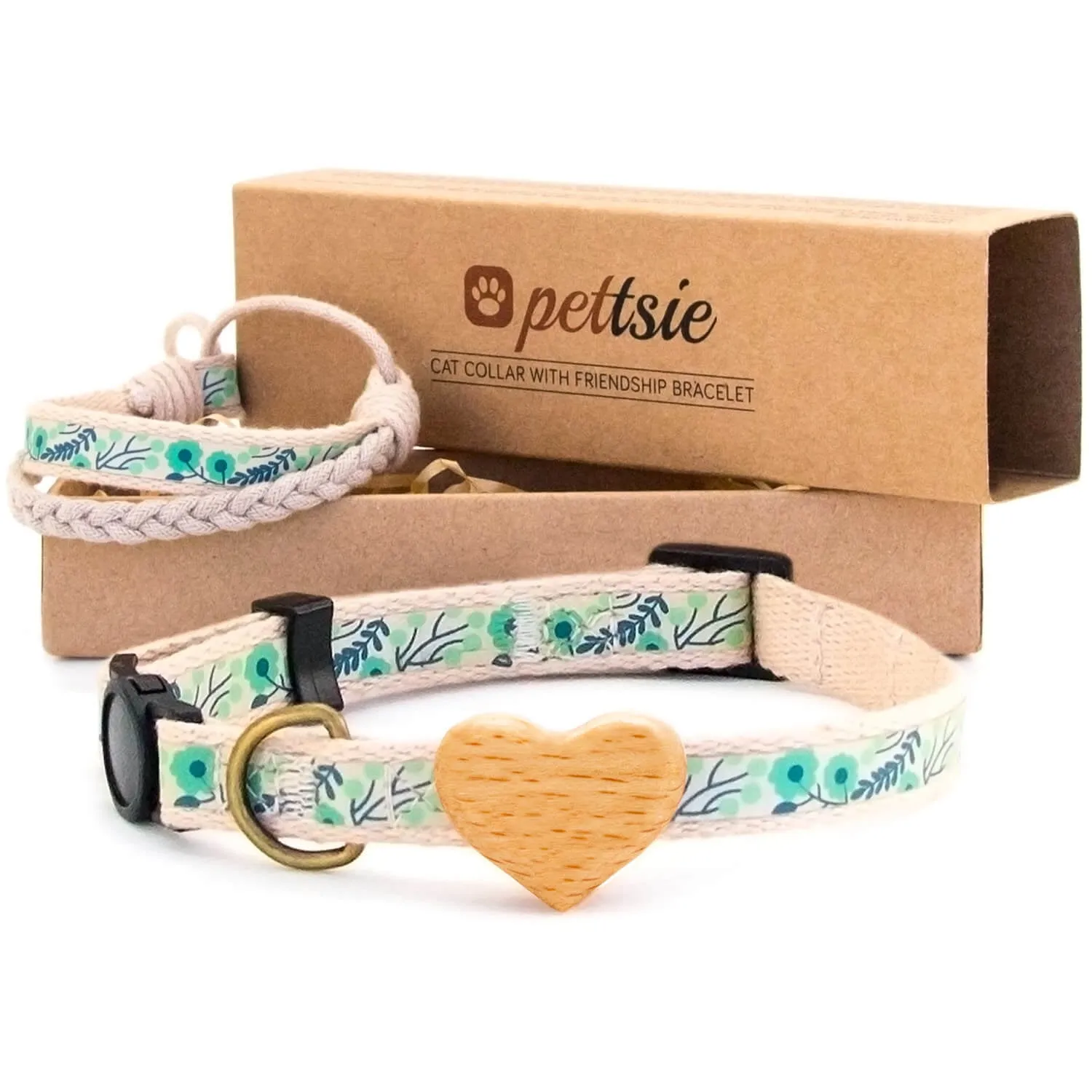 Pettsie Green Breakaway Cat Collar Heart and Matching Friendship Bracelet in Earth-Friendly Gift Box