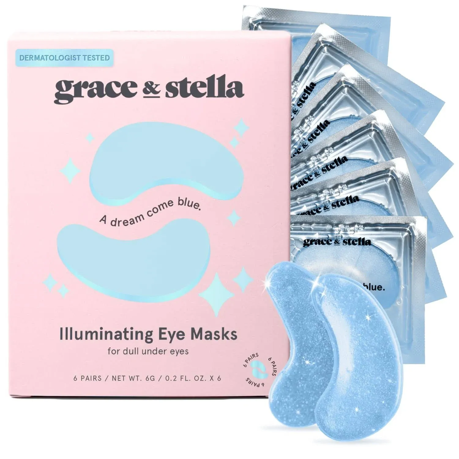 Grace & Stella Award Winning Under Eye Mask (Blue, 6 Pairs) Reduce Dark Circles, Puffy Eyes, Undereye Bags, Wrinkles, Gel Under Eye Patches, Nurse