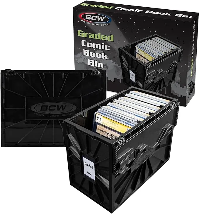 BCW Graded Comic Book Bin, Black 2 Pack - For ~30 Graded Comic Book Slabs | Acid Free Comic Book Storage Organizer | Heavy Duty Plastic Comic Storage Box | Stackable Comics Short Box | With Partition