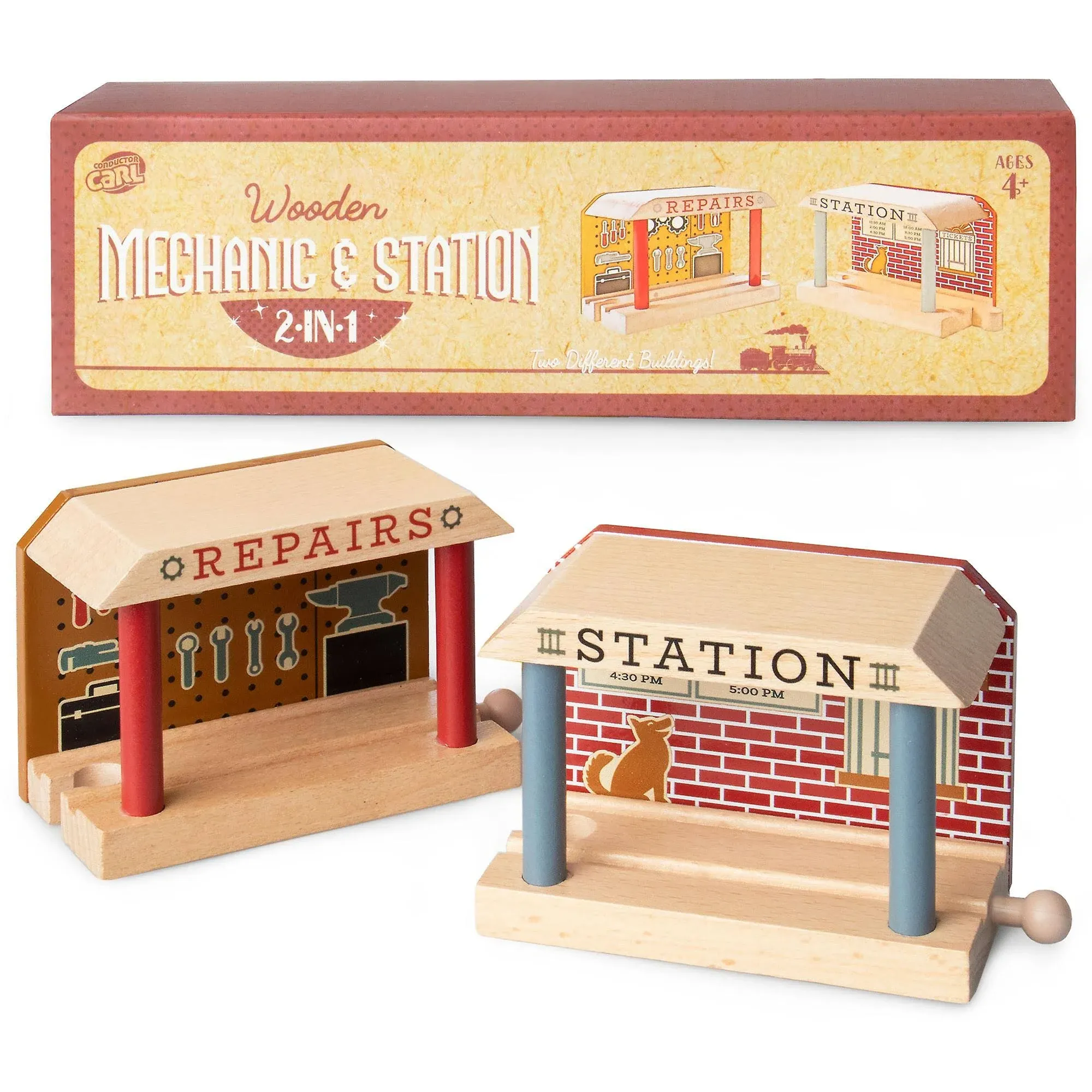 Conductor Carl Wooden Train Track Mechanic & Station Service Building 2-in-1 Mechanic Service & Train Station for Customizing Wooden Train Track Sets