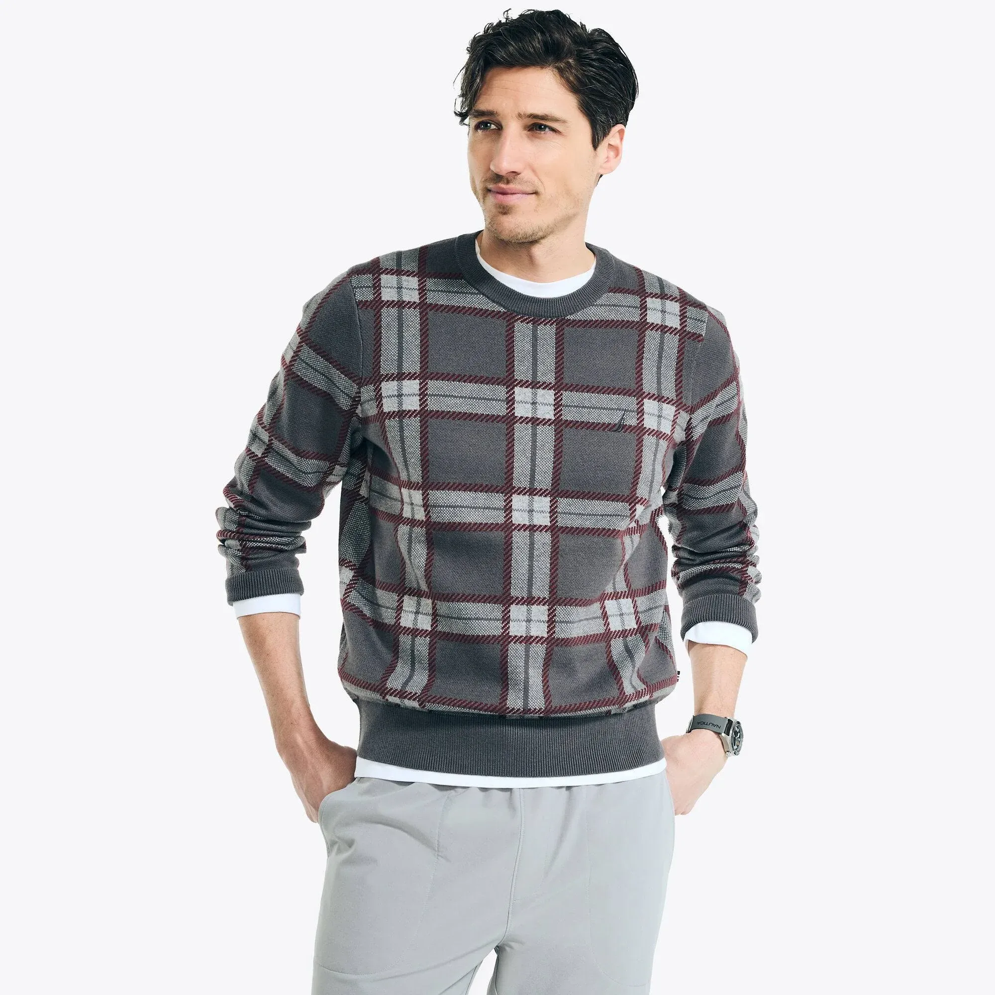 Nautica Men's Navtech Plaid Jacquard Crewneck Sweater