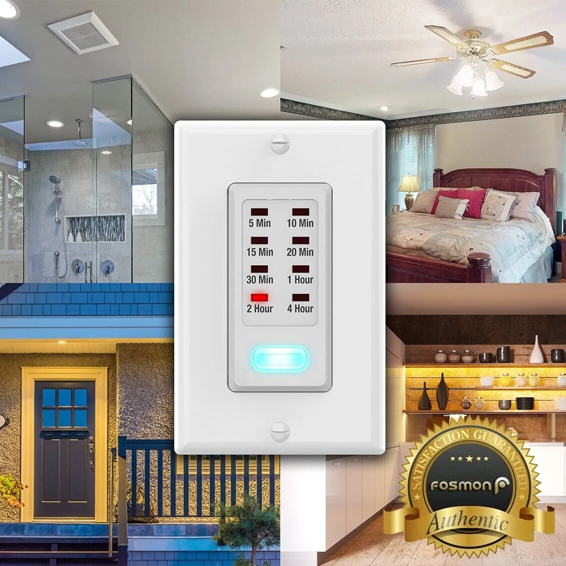 Fosmon 4 Hour Light Timer Switch, Programmable in-Wall Countdown Timer Switch for Lights, Fans, Bathroom, Heaters, 9 Setting 1875W, Neutral Wire Required, 5-10-30-60 Min, 2-4 Hour, ETL Listed