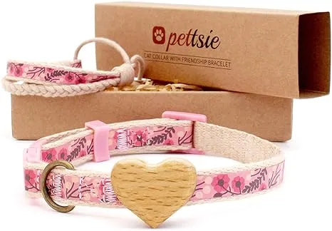 Pettsie Cat Collar with Heart, Safe Breakaway Buckle, Matching Friendship Bracelet, Soft and Comfortable Cotton for Sensitive Skin, Carton Box, Easy Adjustable 8-11 Inches, Pink