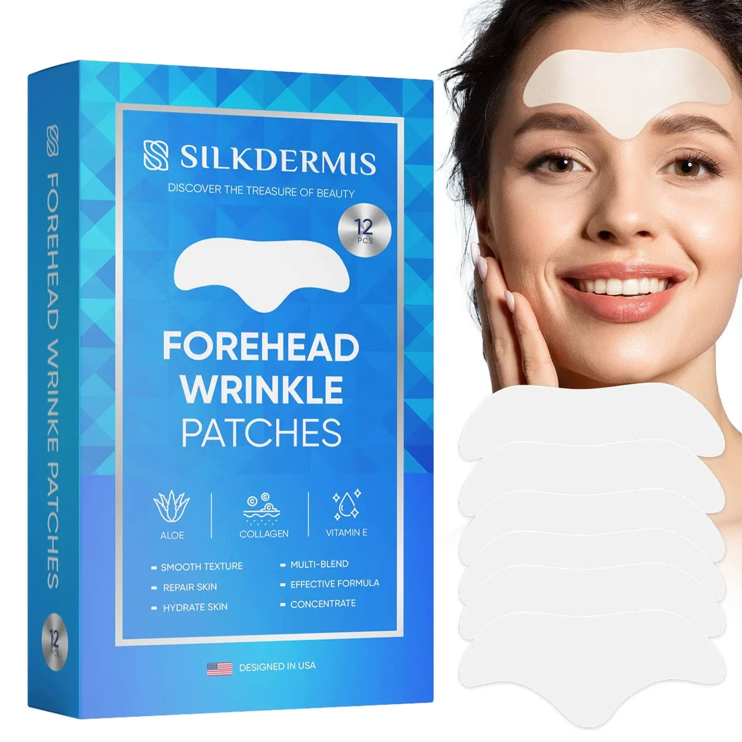 SILKDERMIS Forehead Wrinkle Patches 12 Packs, Forehead Patches for Wrinkles, Anti Wrinkle Patches with Aloe, Collagen Vitamin E, Face Wrinkle Patches