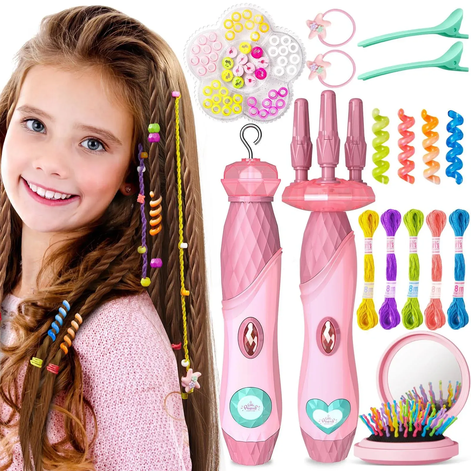 Geyiie DIY Hair Tools for Grils, Salon Makeup Set with Hair Braider, Rope Braiding Machine, Hair Clips , Little Girls Makeup Vanity Set Toys , Party favor gift toys for Age 5-12