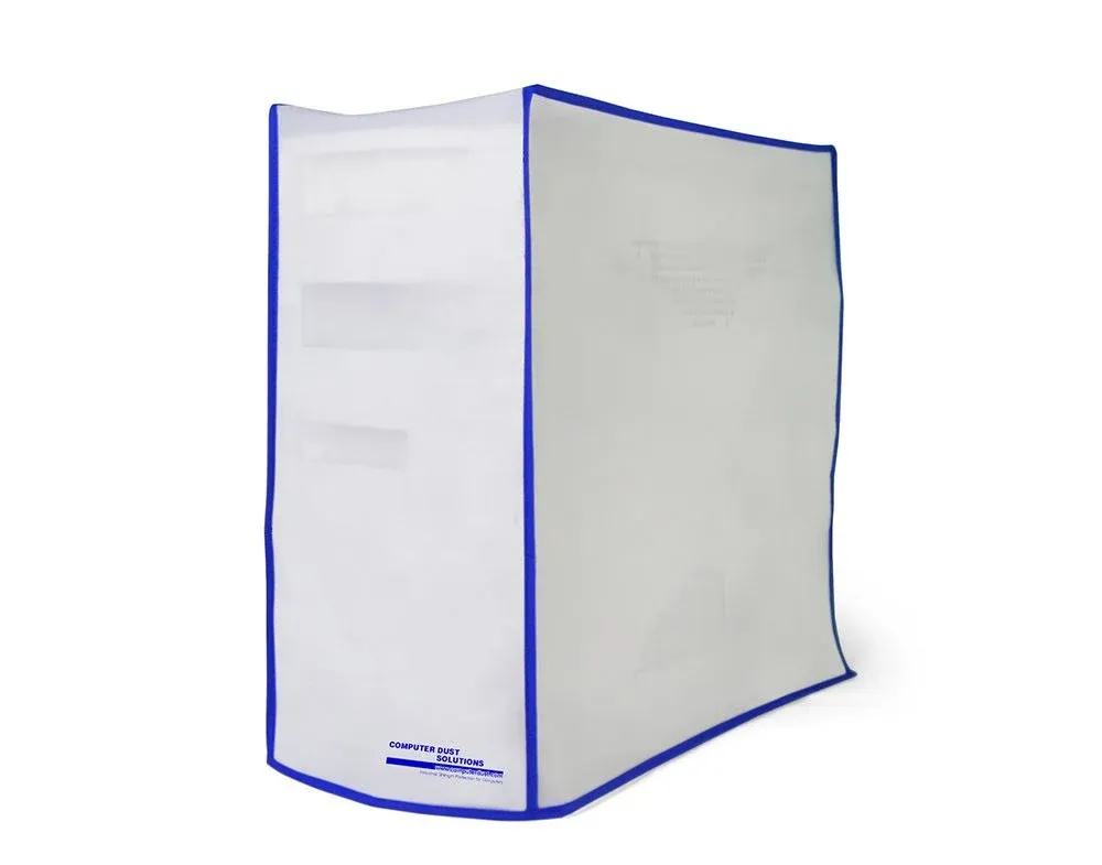 CPU Dust Cover, Covers PC Case, Silky Smooth Antistatic Vinyl, Translucent Coconut Cream Color with Blue Trim, Several Sizes Available, for Mid Tower (8.2W x 16H x 18.5D)