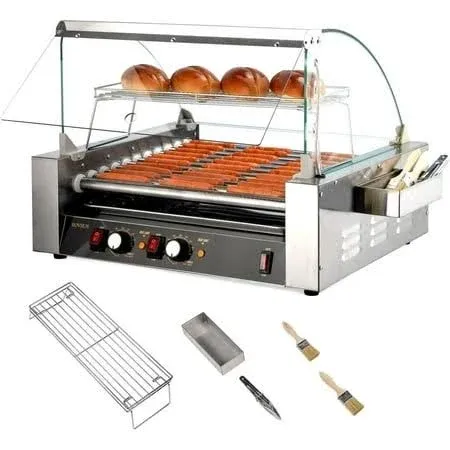 ROVSUN Hot Dog Roller ETL Certified, 11 Rollers 30 Hot Dog Machine Roller Grill Cooker w/Cover, Dual Temp Control, LED Lighting, Removable Shelf & Drip Tray for Party Home Commercial 1650W