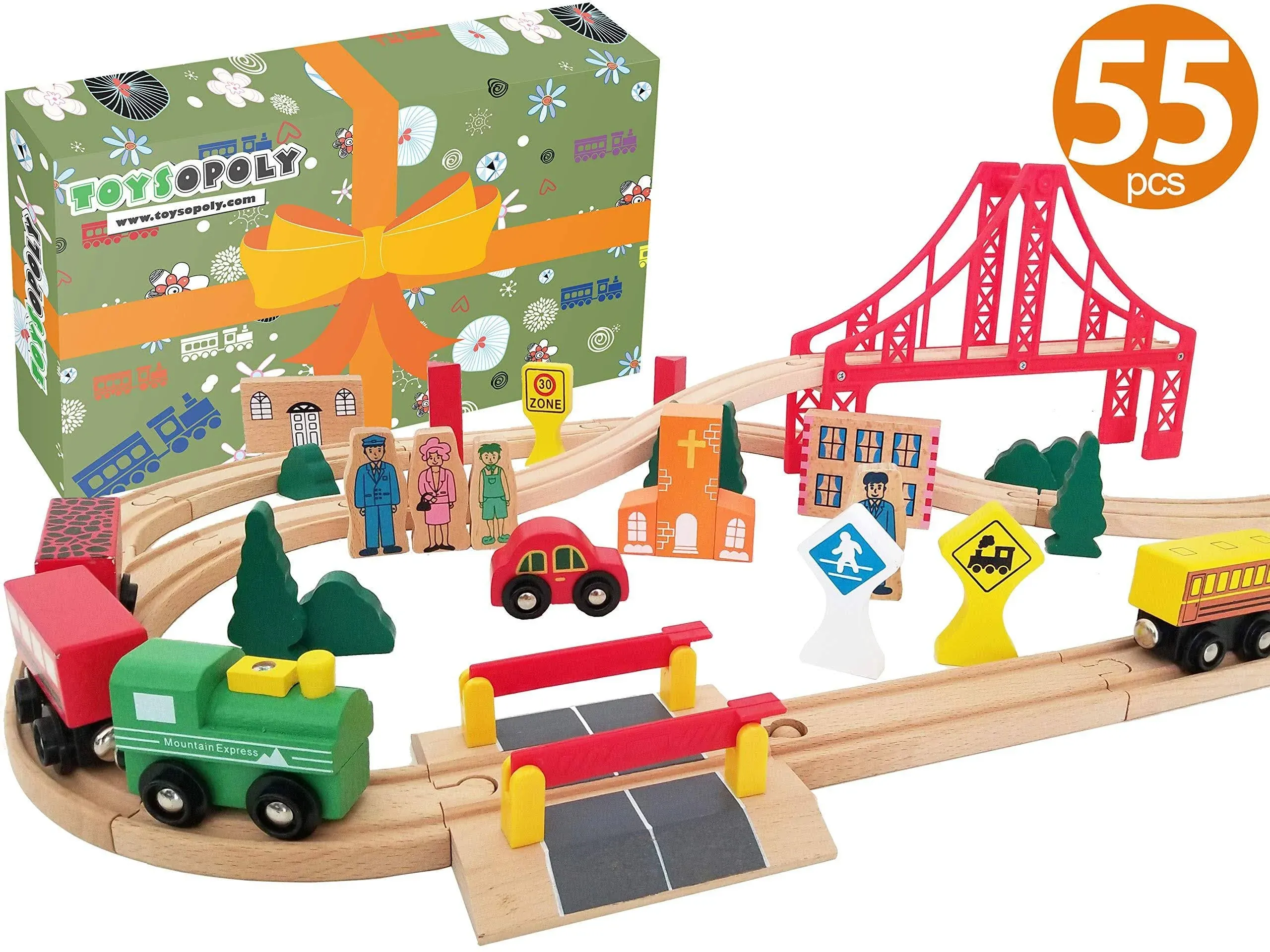 Wooden Train Tracks Full Set, Deluxe 55 Pcs with 3 Destination Fits Thomas, Brio ...