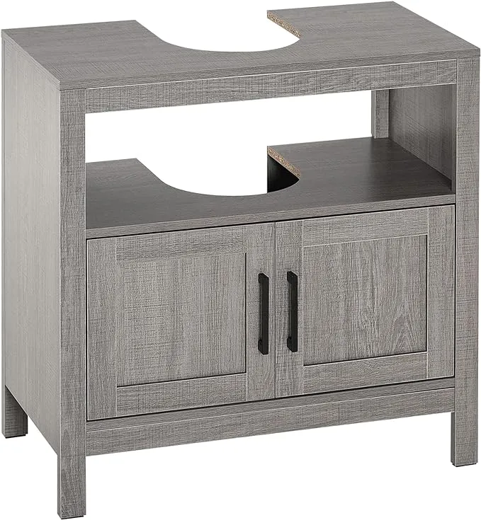 kleankin Pedestal Sink Storage Cabinet, Bathroom Under Sink Cabinet with 2 Doors and Open Shelf, Bathroom Vanity, Gray