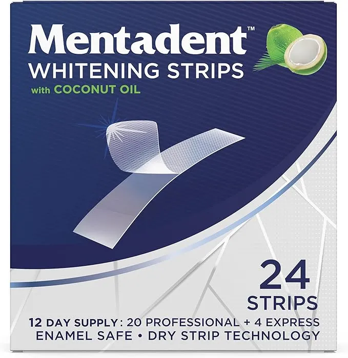 Mentadent Teeth Whitening Strips - 24 Strips (12 Day Treatment) with Coconut Oil ...