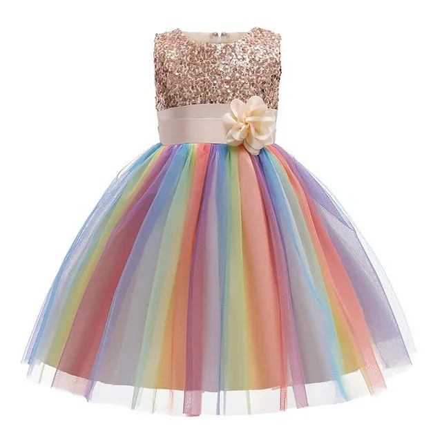 HAWEE Flower Girls Sequin Dress Rainbow Tutu Birthday Party Princess Dress Pageant Gown for Age 3-10 Years Old