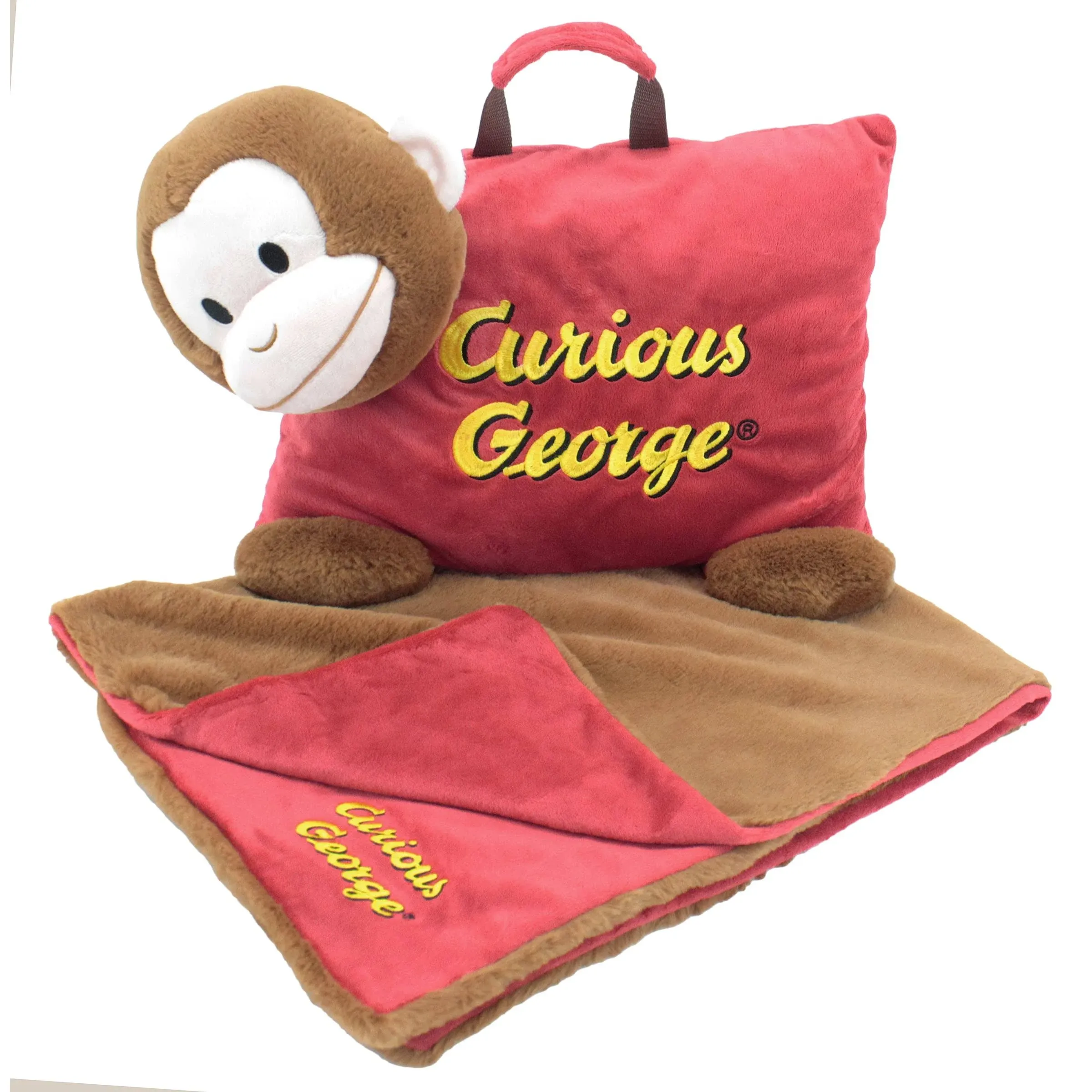 Animal Adventure® Curious George® Character Cuddle Combos™ 2-in-1 Stow-n-Throw Cuddle Bud with Carrying Handle & Zipper Pouch for Blanket Storage Set – 29"W x 40"H Blanket