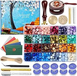 Comealltime Wax Seal Kit with Gift Box 624 Pcs Wax Seal Beads with 2 Pcs Wax Seal Stamps Sealing Wax Warmer Wax Seal Metallic Pen Envelope Candl