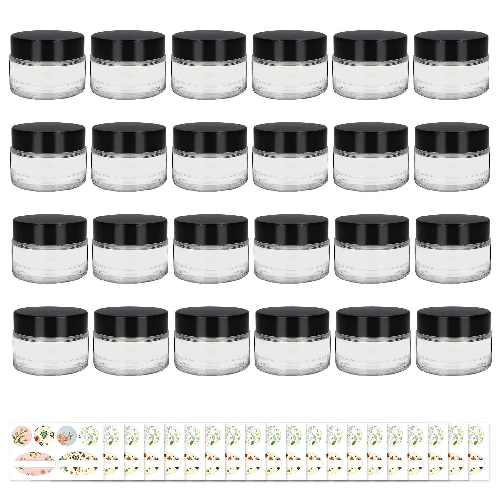 24 Pack 1oz Clear Round Glass Jars - Empty Cosmetic Containers with Inner Liners, black Lids and Glass Sample Jars with labels For Slime, Beauty Products, Cosmetic, Lotion，Powders and Ointments