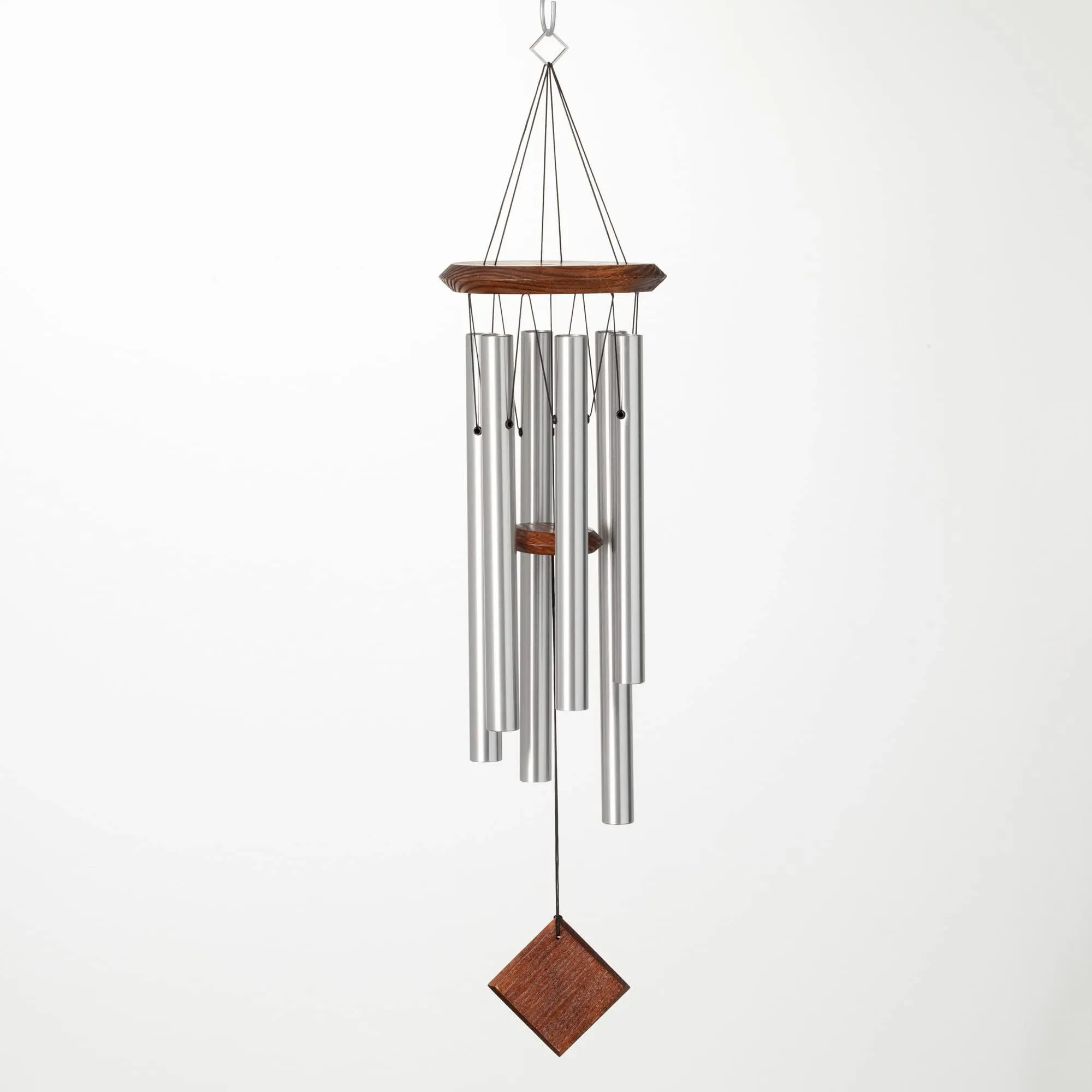 Woodstock Wind Chime for Outside Garden and Patio Decor, 27” Silver Aluminium and Teakwood Wind Chimes, Elegant Chime for Yard and Outdoor Gift