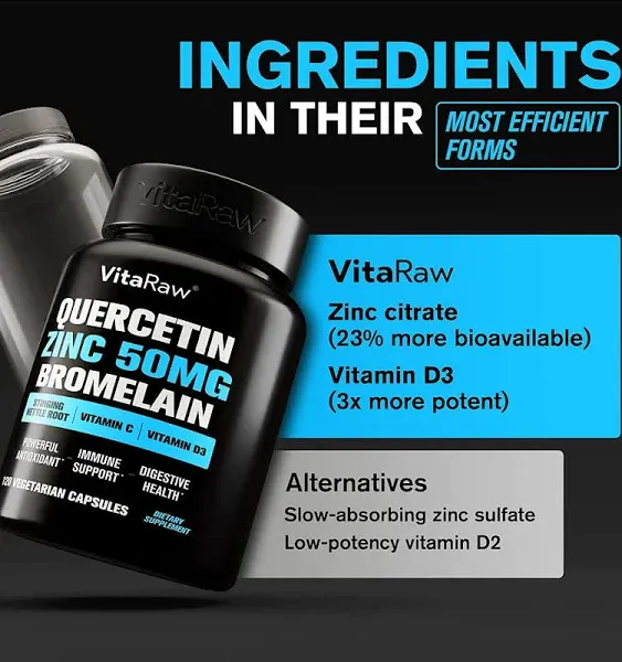 Quercetin with Bromelain 500mg Capsules, Supports Immune Response, Joint Comfort, & Overall Wellness - Vitamin C, Zinc 50mg, & Vitamin D3 5000 IU - Immunity Health Pills Quercetin Bromelain Supplement