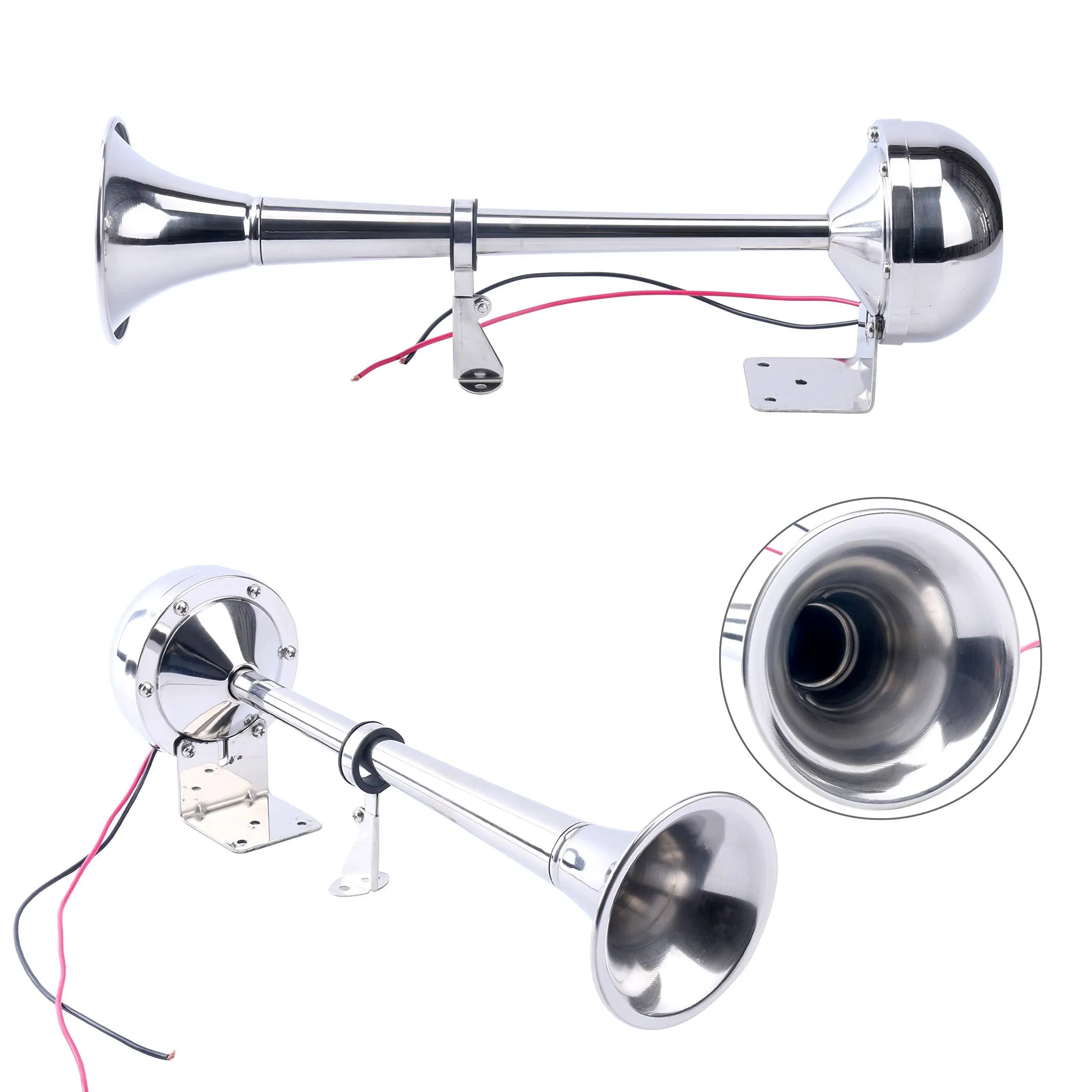 Amarine Made 12v Marine Boat Horn 115db Stainless Steel Single Trumpet Horn for Ship Truck RV Trailer, Low Tone, 16-1/8"