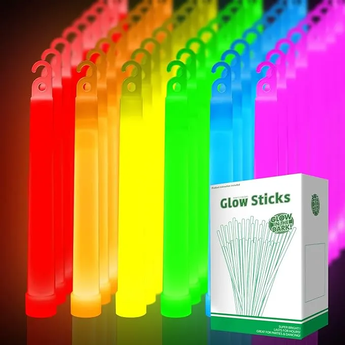 96 Ultra Bright Large Glow Sticks with 96 Black PE String, Multi Use Colourful 6 Inch Glowsticks for Parties, Camping, Emergency Glow Sticks For Blackout, Long-lasting Lighting Waterproof and